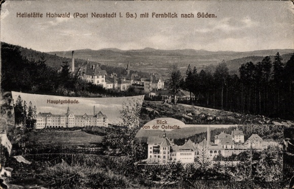 Postcard Hohwald Neustadt in Sachsen, Hohwald sanatorium, distant view to the south, view from the east side