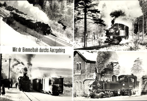 Postcard steam locomotives in the Ore Mountains, Hammerunterwiesenthal, Niederschmiedeberg, Steinbach, Kretscham