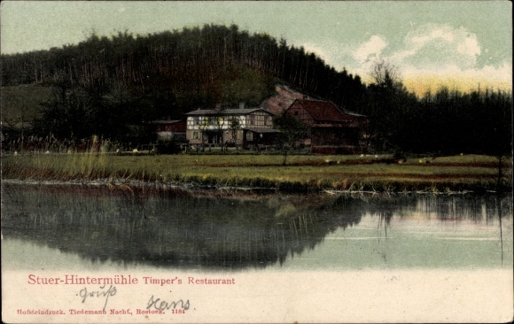 Postcard Stuer Hintermühle, view over the water to Timpers Restaurant