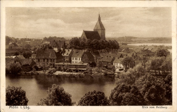Postcard Mölln in the Duchy of Lauenburg, view from Heldberg, cityscape, architecture, water, trees