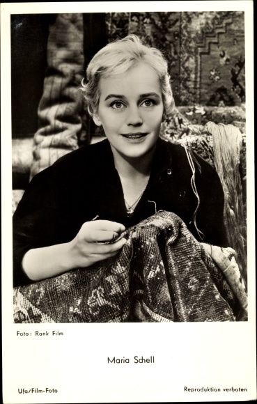 Postcard actress Maria Schell, portrait, sewing, Ufa film, the angel with the trombone