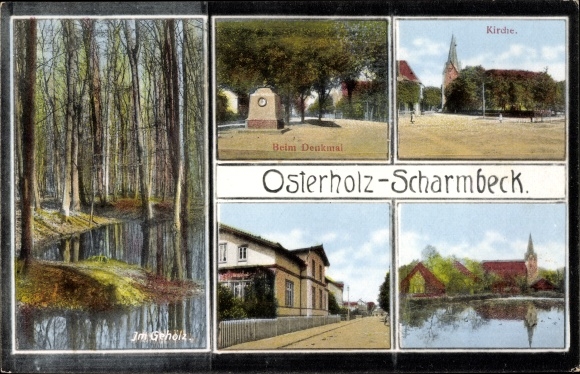 Ak Osterholz Scharmbeck in Nedersaksen, kerk, in het bos, monument, lokaal gedeelte