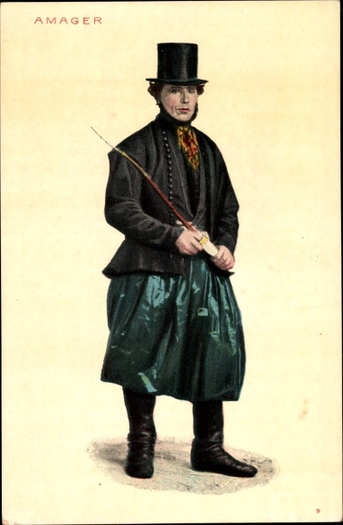 Postcard Amager Denmark, man in costume