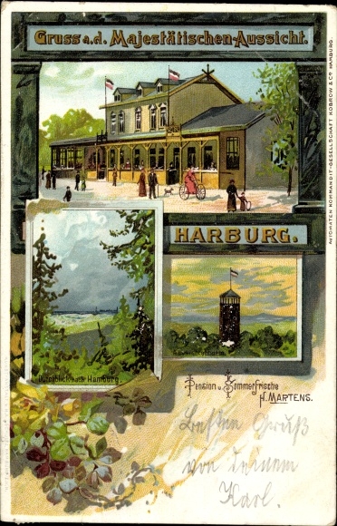 Passepartout Chromo-Litho Hamburg Harburg, inn majestic view, observation tower