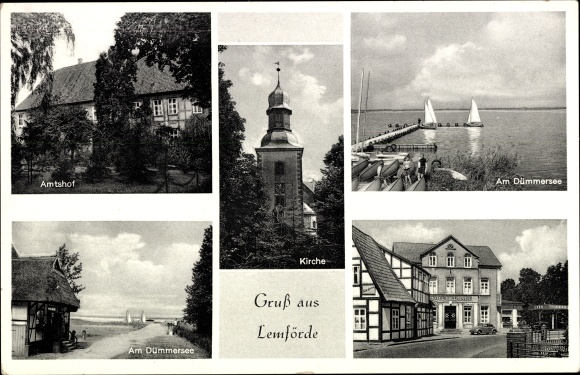 Ak Lemförde in Nedersaksen, Amtshof, Dümmersee, kerk, straatgedeelte