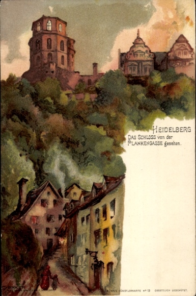 Artist Chromo-Litho Pfaff, C., Heidelberg am Neckar, Castle seen from Plankengasse
