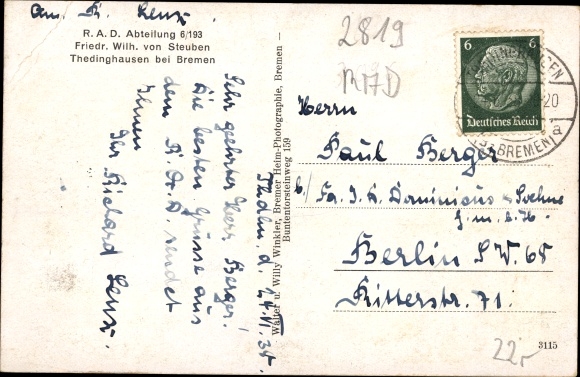 Postcard Thedinghausen Lower Saxony, Reich Labor Service Dept. 6 193, Friedr. Wilh. v. Steuben, RAD