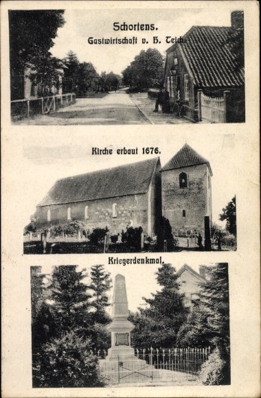 Postcard Schortens in Ostfriesland, inn H. Teich, church, war memorial
