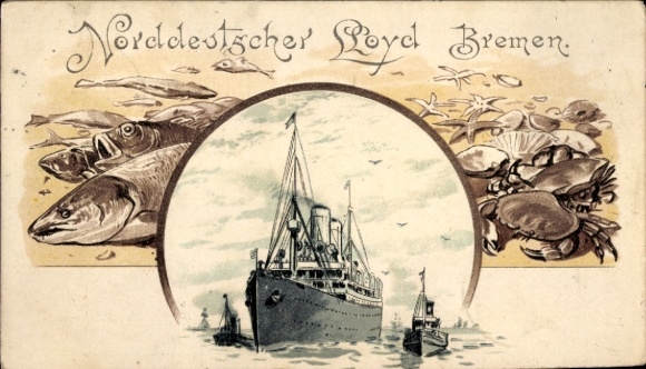 Passepartout Chromo-Litho steamship Norddeutscher Lloyd Bremen, fish, crabs