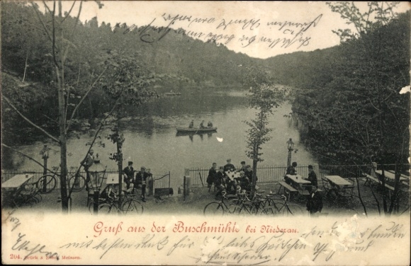 Ak Niederau, Gastwirtschaft Buschmühle, Terrasse, Ruderboote