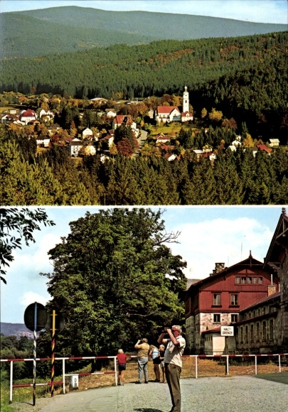 Postcard Bayerisch Eisenstein in the Bavarian Forest of Lower Bavaria, long shot, border