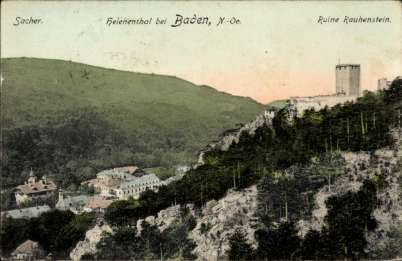 Ak Baden bei Wien in Niederösterreich, Helenenthal, Ruine Rauhenstein, Landschaft, 1908