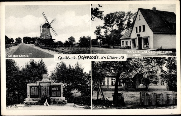 Postcard Ostersode Worpswede in Lower Saxony, mill, bakery, action, memorial, elementary school