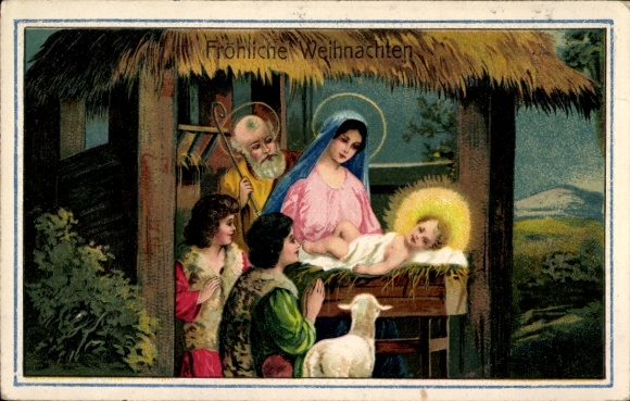 Präge Ak Frohe Weihnachten, Heilige Familie, Krippe, Jesuskind, Maria
