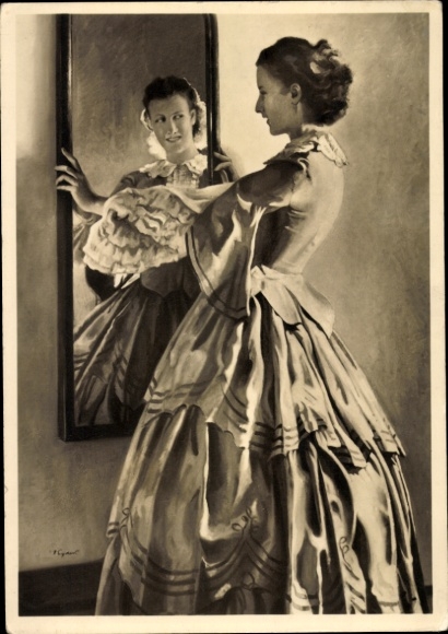 Artist PC Engelhard, Jul., In front of the mirror, HDK 443, lady in a dress, ruffles, Photo Hoffmann