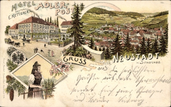 Litho Neustadt im Schwarzwald, Hotel Adler-Post, Inh. E. Ketterer, Schwarzwälderin, Panorama