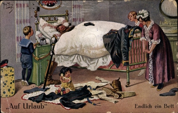 Artist Postcard Thiele, Arthur, on vacation, finally a bed, soldier