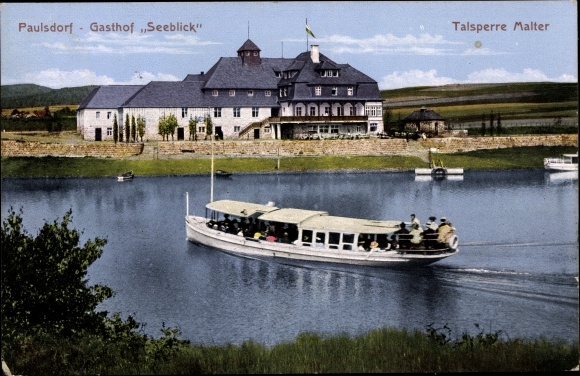 Postcard Malter Dippoldiswalde, Malter dam, Paulsdorf, Gasthof Seeblick, ship