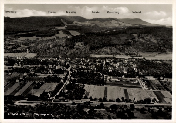 Postcard Gingen an der Fils, aerial photography, Burren, Fränkel, Wasserberg, Fuchseck, Tenneberg