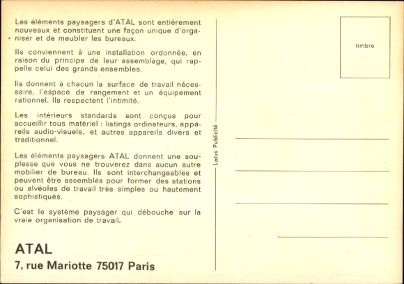 Postcard advertising, Atal, Rue Mariotte, Paris, office equipment
