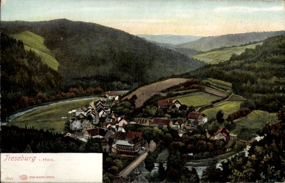 Postcard Treseburg Thale in the Harz Mountains, landscape with hills, houses and river, picturesque view, Harz