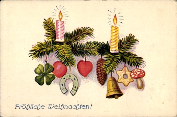 Ak Gefeliciteerd Kerstmis, dennentakken, kaarsen, hoefijzer, klavertje vier, paddenstoel