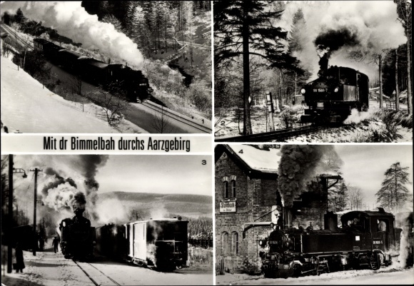 Postcard steam locomotives in the Ore Mountains, Hammerunterwiesenthal, Niederschmiedeberg, Steinbach, Kretscham