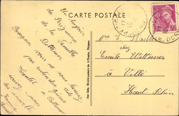 Postcard Périgueux Dordogne, Les Quatre Chemins, crossroads, commercial buildings, monument, hotel, cafe