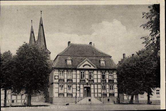 Postcard Derenburg Blankenburg am Harz, town hall, church, partial view