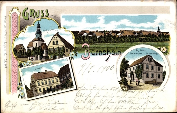 Chromo-Litho Bornshain Nobitz Altenburger Land, general view, church, parish, inn, wheelwright's shop