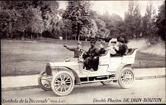 Postcard Tombola de la Decennale, Double Phaeton de Dion Bouton, Car, Driver