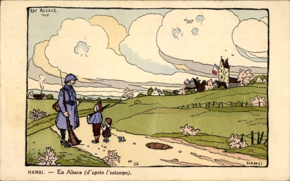 Artysta KP Hansi, En Alsace, d'apres l'estampe, francuski żołnierz, dzieci