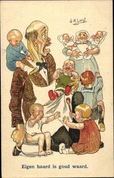 Artist PC Luijt, AM, Eigen haard is goud waard, father with many children, wet nurse with twins