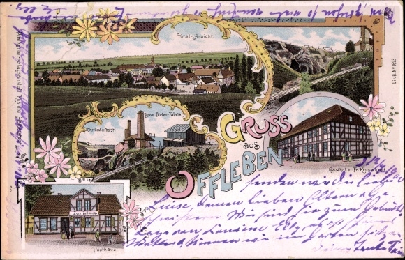 Chromo-Litho Offleben Büddenstedt in Lower Saxony, Gasthof Fr. Krusekopf, post office, total view