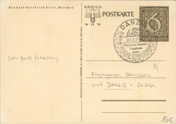 Postal stationery artist Postcard Klein, Gottfried, Danzig is German, WHW