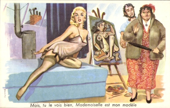 Postcard Dresden Altfranken, nude painting woman in underwear posing in front of an easel, next to it is a...