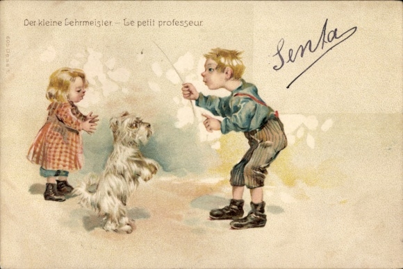 Litho Der kleine Lehrmeister, Kinder, Weißer Hund
