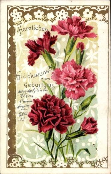 Embossed Chromo-Litho Happy Birthday, Carnation Blossoms