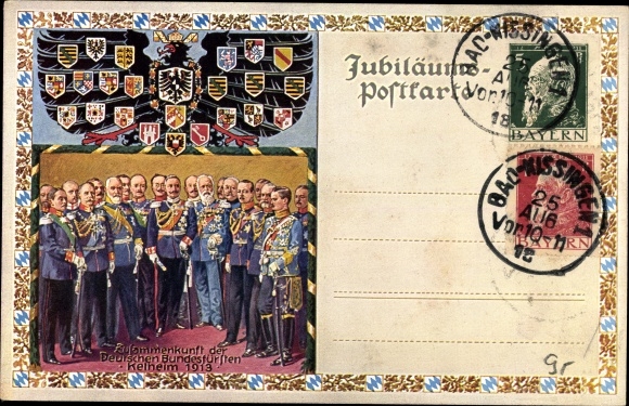 Postal stationery PC Kelheim Donau, wars of liberation, 50th anniversary of the liberation hall in 1913, federal princes