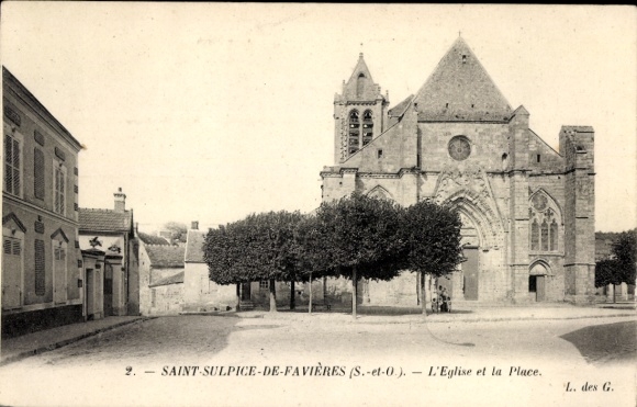 Ak Saint Sulpice de Favières Essonne, Eglise, Place