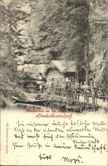 Postcard Hinterhermsdorf Sebnitz Saxon Switzerland, boat station at the upper lock