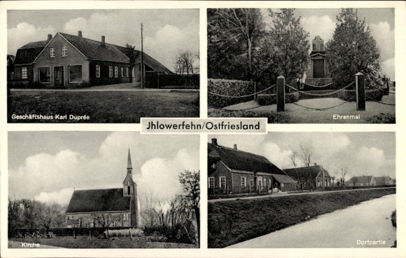 Postcard Ihlowerfehn Ihlow in East Frisia, memorial, church, commercial building