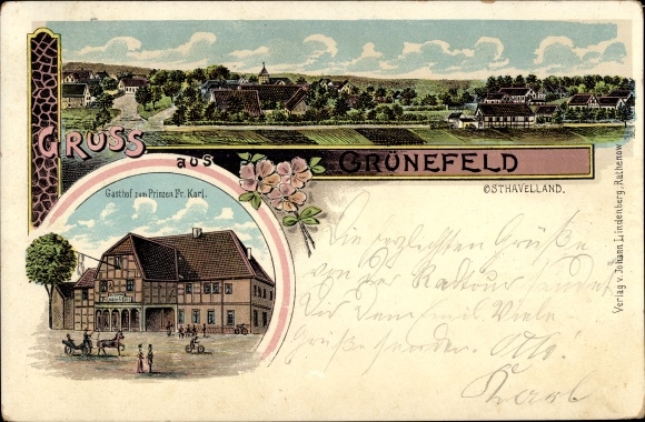 Chromo-Litho Grünefeld Schönwalde Glien Havelland, general view, Gasthof zum Prinzen Fr. Karl