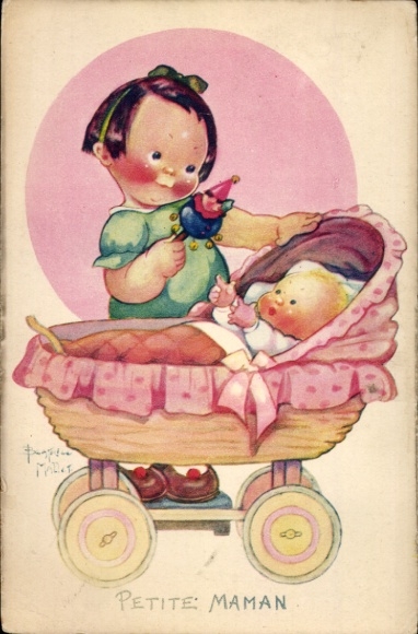 Artist Postcard Mallet, Beatrice, Petite Maman, girl with rattle, baby, stroller