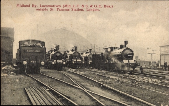 Postcard London, St. Pancras Station, locomotives
