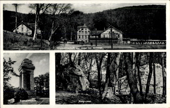 Ansichtkaart Wittmar in Nedersaksen, bosbouw in Asse, Bismarckzuil, kasteelruïne