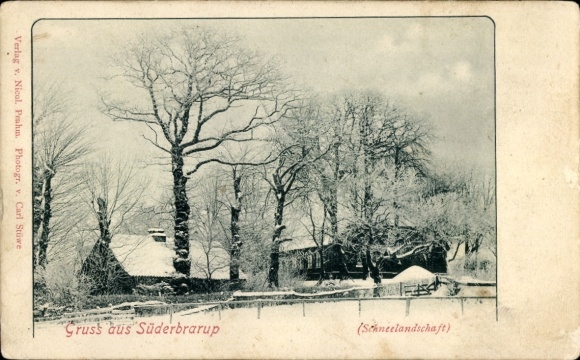 Ak Süderbrarup in Sleeswijk-Holstein, sneeuwlandschap, boerderij Jacob Hansen