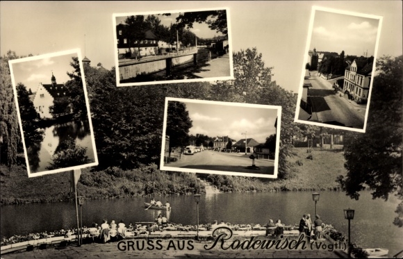 Postcard Rodewisch in Vogtland Saxony, game on the water, rowing, street game