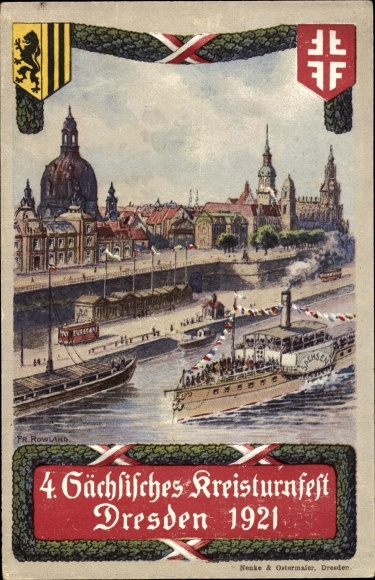 Artist PC Rowland, Fr., Dresden, 4th Saxon district gymnastics festival 1921, saloon steamer Saxony, coat of arms