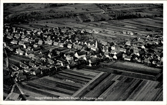 Postcard Hügelsheim am Rhein, aerial photograph